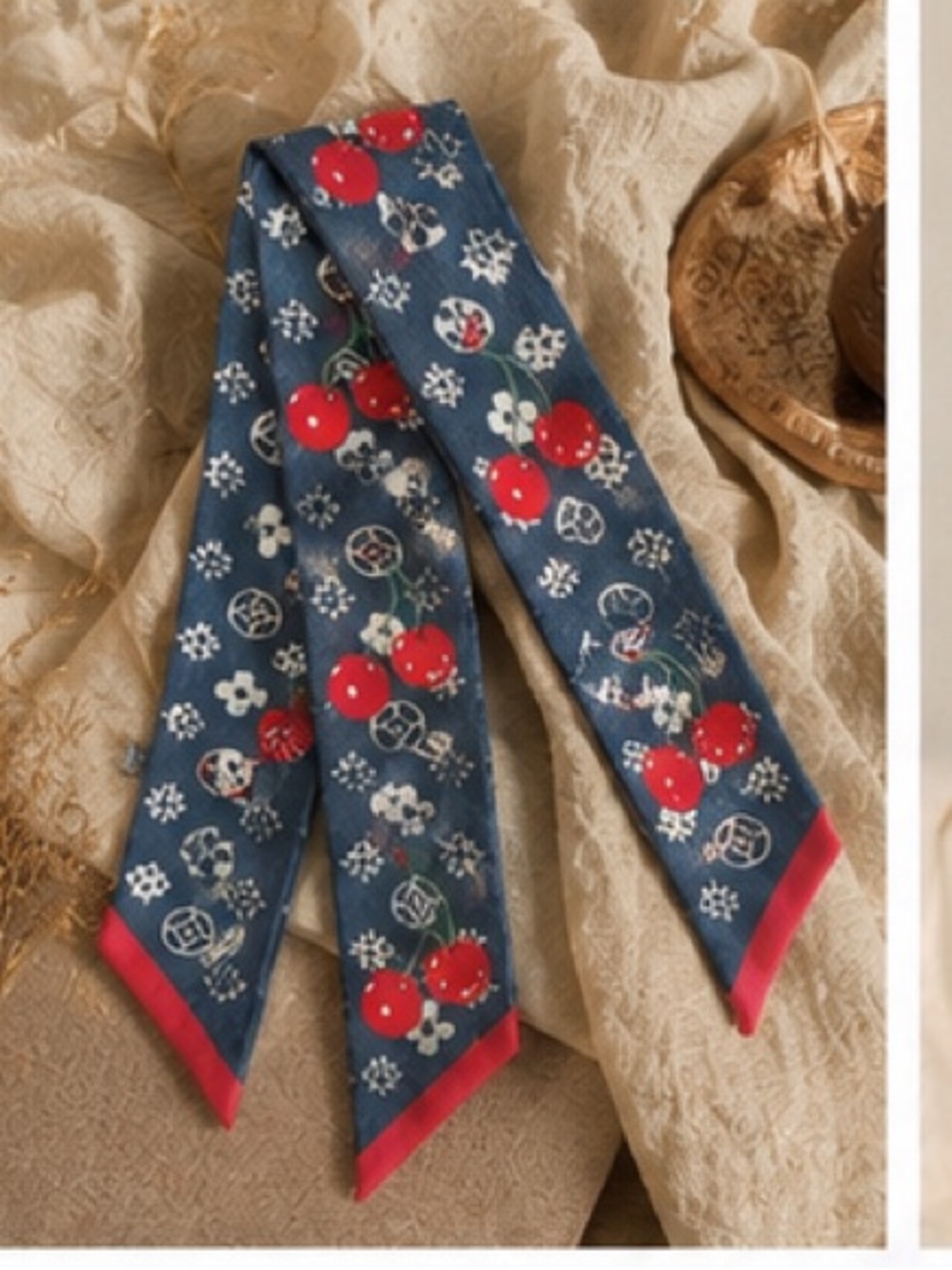 Cherry Print Twilly Scarf Hair Tie Neck Scarf Handbag Ribbon